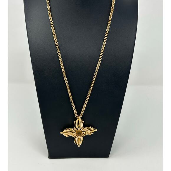 Vintage Sarah Coventry Gold Tone Cross with Amber Rhinestone - Picture 1 of 9